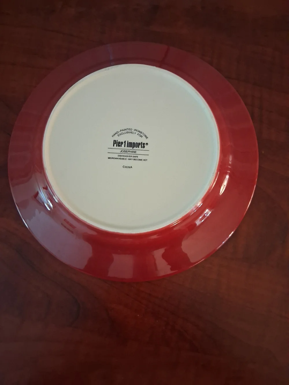 Pier 1 Imports Hand-Painted Ironstone Plate with Red Rim